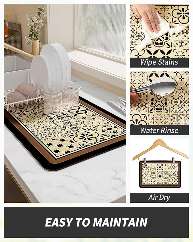 AMOAMI Coffee Mat - Hide Stain Rubber Backed Absorbent Dish Drying Mat for Kitchen Counter - Fits Under Coffee Maker - Khaki 12X19