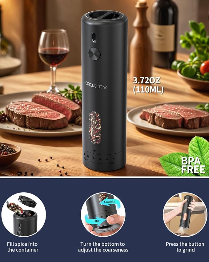 CIRCLE JOY Electric Pepper Grinder Rechargeable, Automatic Pepper Mill with 110ml Container, External Adjustable Coarseness, White Led Light and One-Handed Operation, Black