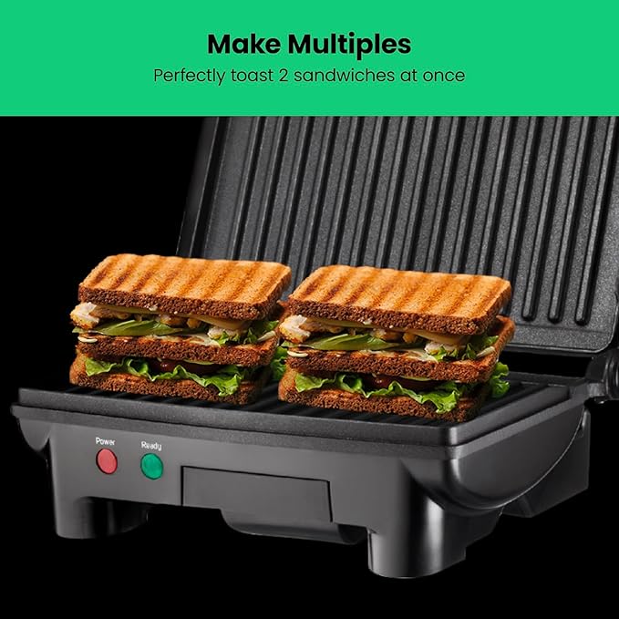 Chefman Electric Panini Press Grill, Compact 2-Slice Sandwich Maker, Non-Stick Coated Plates, Opens 180 Degrees, Dishwasher Safe, Removable Drip Tray, Stainless Steel/Black