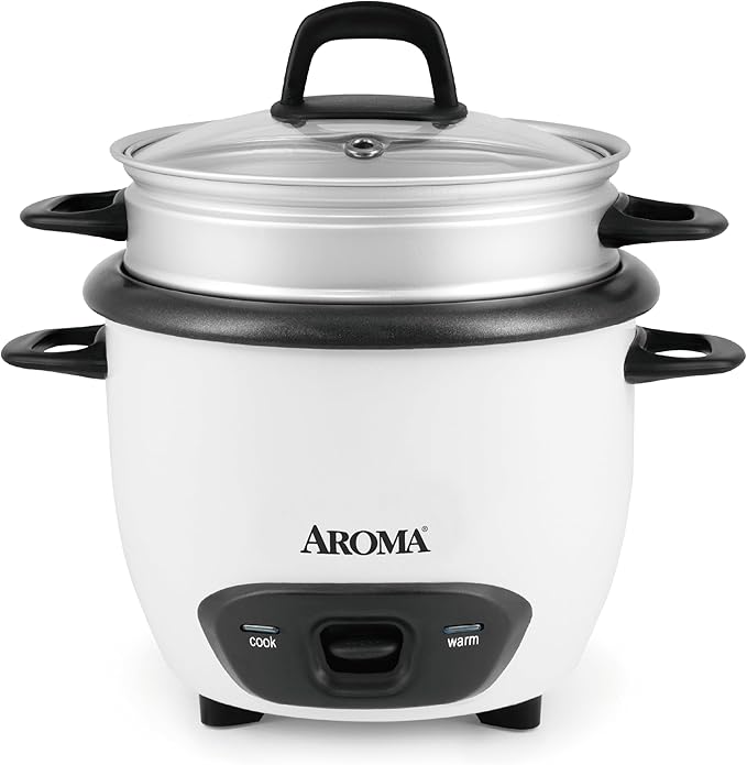 AROMA® Rice Cooker, 3-Cup (Uncooked) / 6-Cup (Cooked), Steamer, Small Rice Cooker, Oatmeal Cooker, Soup Maker, Auto Keep Warm, 1.5 Qt, White, ARC-743-1NG