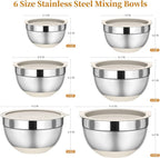 Fyrnova Mixing Bowls with Lids Set, 6 Piece Stainless Steel Nesting Storage Bowls for Kitchen, with 3 Grater Attachments & Non-Slip Bottoms, Size 5.5,3.5,2.5,2.1,1.5,1.1 QT