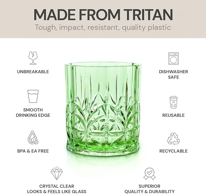 BELLAFORTE Shatterproof Tritan Plastic Short Tumbler, Set of 4, 13oz - Myrtle Beach Unbreakable Crystal Cut Old Fashioned Drinking Glasses for Whiskey - BPA Free - Dishwasher Safe - Green