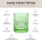 BELLAFORTE Shatterproof Tritan Plastic Short Tumbler, Set of 4, 13oz - Myrtle Beach Unbreakable Crystal Cut Old Fashioned Drinking Glasses for Whiskey - BPA Free - Dishwasher Safe - Green