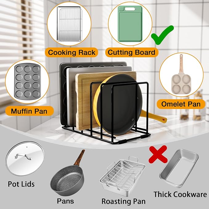 Space-Saving Kitchen Organizer Rack - 5-Slot Heavy-Duty Cutting Board and Bakeware Holder, Rust-Resistant with Anti-Slip Feet for Countertop or Cabinet Storage - 2 pack