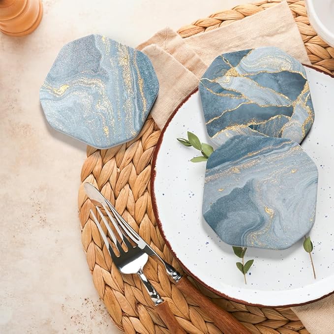 UMIRRO Ceramic Stone Coasters for Drinks Absorbent with Holder for Wooden Coffee Table, Stoneware Cup Coasters for Iced Cold or Hot Drinks, Navy Blue Marble Style, Gold, 4" Set of 6