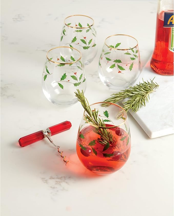 Lenox 888202 Holiday 4-Piece Stemless Wine Glasses, Christmas Drinkware Set, Hosting
