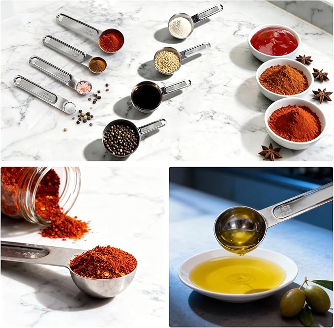 Stainless Steel Measuring Cups and Spoons Set, 8 PCS Long Handle Measure Cups and Spoons Premium Stackable Measuring Cups for Kitchen Cooking & Baking, Dry & Liquid Dishwasher Safe