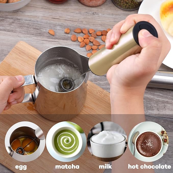 Rechargeable Milk Frother, Electric Coffee Foamer, Handheld Drink Mixer for Latte, Cappuccino, Coffee, Eggs, Hot Chocolate, Protein,Beige