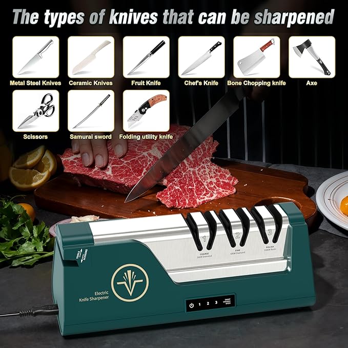Professional Electric Knife Sharpener with 100% Diamond Abrasives & Precision Angle Guides, 3-Speed Variable 4-Stage Open Touch-Screen Knife Sharpener for Straight, Serrated Edges, Scissors & Axes