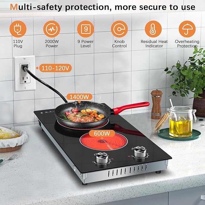 Karinear 110V Electric Cooktop 2 Burners Electric Stove 12 Inch Knob Control Countertop & Built-in Ceramic Cooktop, 9 Heating Level, Hot Warning, Over-Temperature Protection(Silver Knob)