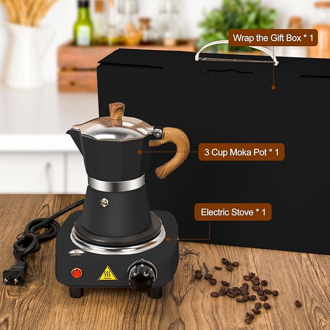2-in-1 Moka Pot Espresso Set with Electric Stove 3 Cup Aluminum Stovetop Coffee Maker Percolator Italian Classic Mocha Coffee Machine for Italian and Cuban Cafe Brewing Portable Camping Black