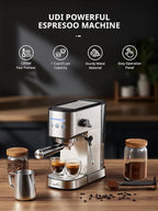 UDI Espresso Machine with Milk Frother, 20 Bar High Pressure Professional Espresso Maker Automatic, Compact Stainless Steel Coffee Machine for Cappuccino, Latte, Silver