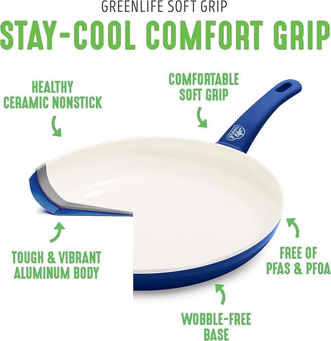 GreenLife Soft Grip 1QT and 2QT Saucepan Set, Healthy Ceramic Nonstick, Non Toxic PFAS & PFOA-Free, Dishwasher Safe, Glass Lids, Stay-Cool Handles, Easy Clean Cookware, Kitchen Essentials, Blue