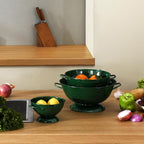 Metal Colander Set of 3, Strainer Basket with Handles perfect for Spaghetti, Pasta, Berry, Vegetable, Fruit, Solid Base Powder Coated Kitchen Essential Strainer Set, 1 & 3.5 & 5 Qt (Dark Green)