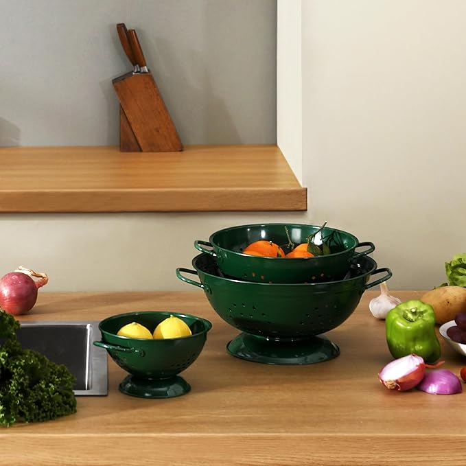 Metal Colander Set of 3, Strainer Basket with Handles perfect for Spaghetti, Pasta, Berry, Vegetable, Fruit, Solid Base Powder Coated Kitchen Essential Strainer Set, 1 & 3.5 & 5 Qt (Dark Green)
