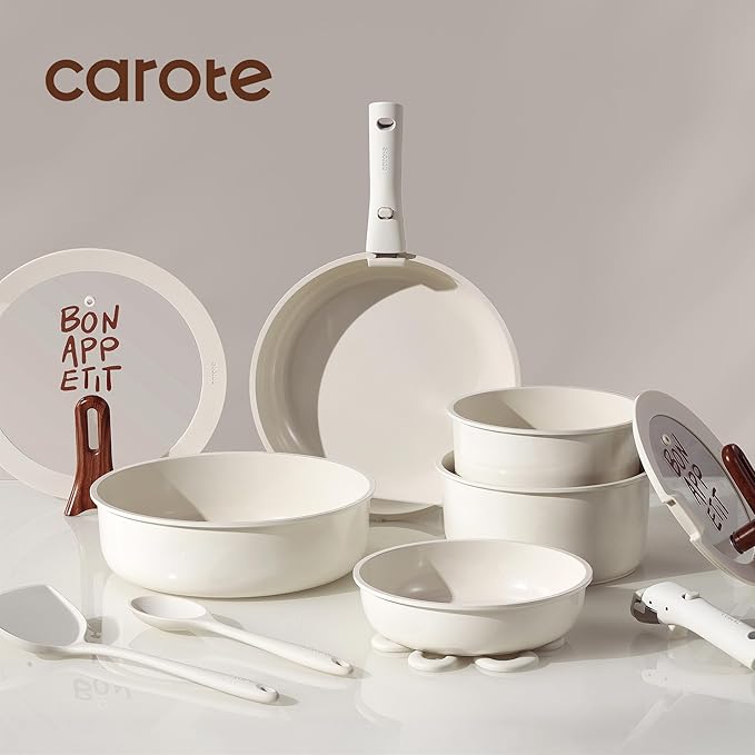 CAROTE 18Pcs Ceramic Cookware Set with Detachable Handle, Pots and Pans Set Non Stick, Non Toxic Kitchen Cooking Sets with Stand-Up Lid, PFAS and PFOA Free, Oven Safe, Induction Ready, Cream White