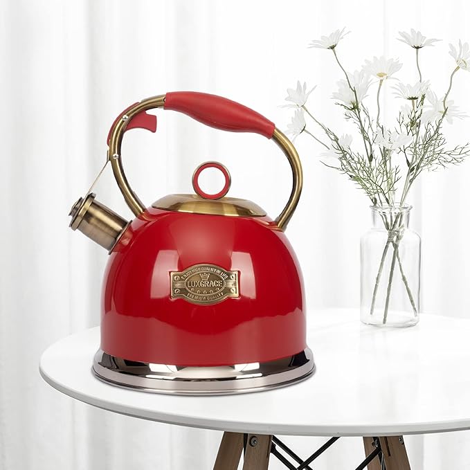 Tea Kettle, Stovetop Whistling Teapot, Stainless Steel, Red, 3.0-Quart