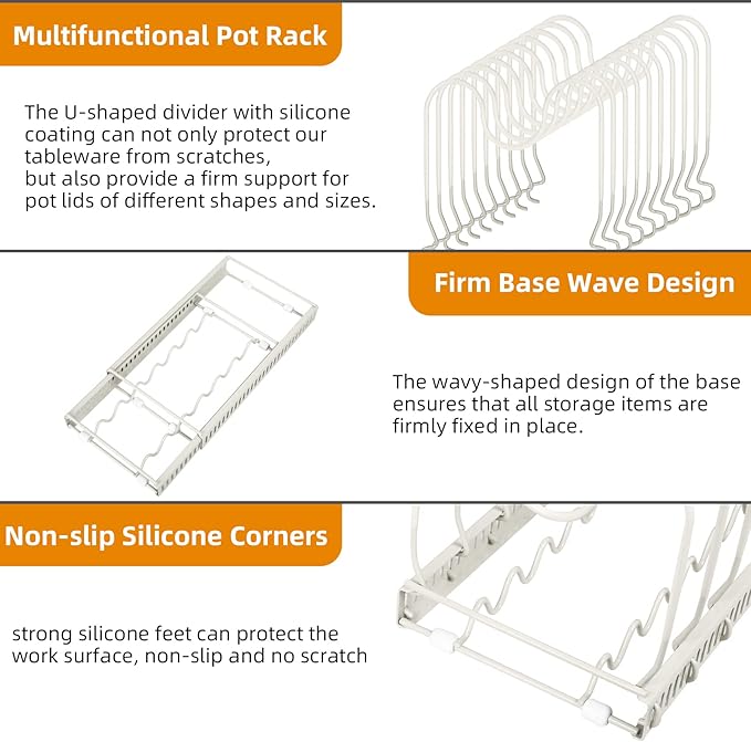 ROOHUA Pot Rack - Expandable Pot & Pan Organizer for Cabinet, 10 Adjustable Compartments (Apricot, 10)