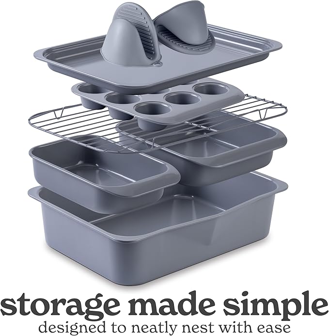 Country Kitchen Nonstick Stackable Bakeware Set - Deluxe Heavy Duty, Durable, Easy Release Baking Set, 8 Pcs, Grey