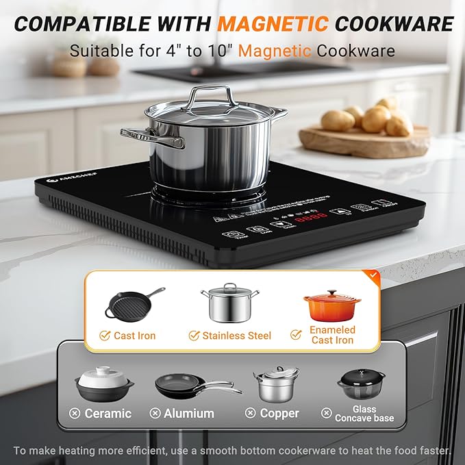 AMZCHEF Portable Induction Cooktop 20 Temperature & Power Levels, 1800W Induction Stove Burner with 6.8" Heating Coil, Low Noise Hot Plate Single Electric Cooktops Countertop Stove with Timer