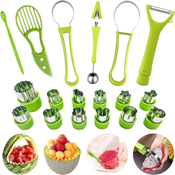 18pcs Melon Baller Scoop Set, FODIENS 4 In 1 Stainless Steel Fruit Slicer Peeler Set, Avocado Slicer Orange Peeler Fruits Vegetables Carving Tools Set with Mini Fruit Cookie Cutters Set