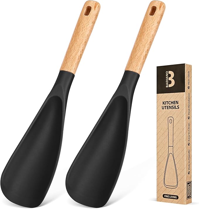 Cooking Spoon for Nonstick Cookwares, Great for Cooking and Serving Sturdy BPA-Free Matte Silicone, Wood Handle Spoon for Mixing, Scoop, and Scrape (2 Pack of Black, 11.4 inch)