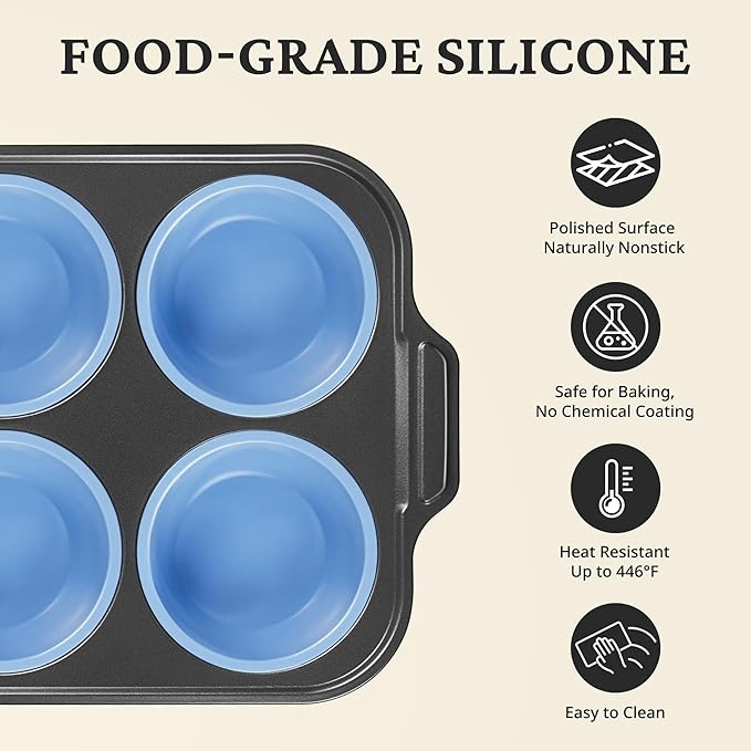 BRONYPRO Jumbo Silicone Muffin Pan with Metal Frame, 3.5" Large Muffin Tins, Non-Toxic Food Grade Silicone, Non-Stick for Egg Bites & Big Cupcakes, Oven Safe, Blue