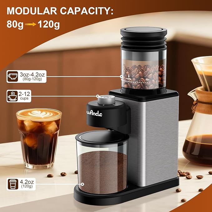 Wancle Conical Burr Coffee Grinder, Coffee Bean Grinder with Adjustable Grind Settings for Espresso, Drip & French Press, Low Noise & Anti-static with Powder Blower, Stainless Steel Burr