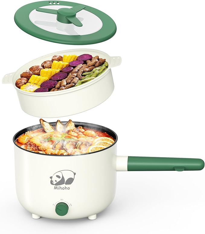 Electric Hot Pot with Steamer, Portable Nonstick Frying Pan with Dual Power Control, Electric Shabu Shabu Cooker for Noodle, Oatmeal, Pasta, Ramen, 1.5L (Green D)