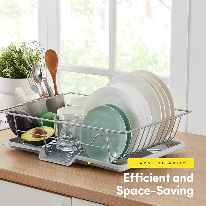 Space-Saving 3-Piece Dish Drainer Rack Set with Cutlery Holder - Maximize Kitchen Countertop Space, Silver