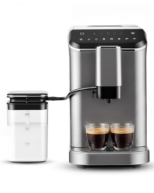 EUHOMY Fully Automatic Espresso Machine, 20 Bar Coffee Maker with Grinder and Integrated Milk Frother, Automatic Espresso Machine with Touch Screen, 15-Grind Settings Coffee Machine for Home, Silver
