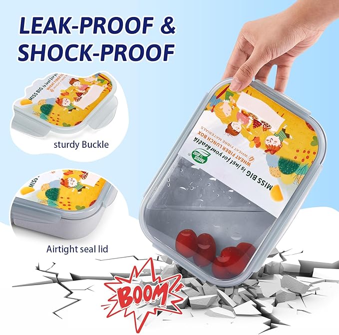 MISS BIG Bento Box for Kids, Leakproof Lunch Box, No BPAs & Chemical Dyes, M/W, D/W & Fridge Safe (1150ml Gray)