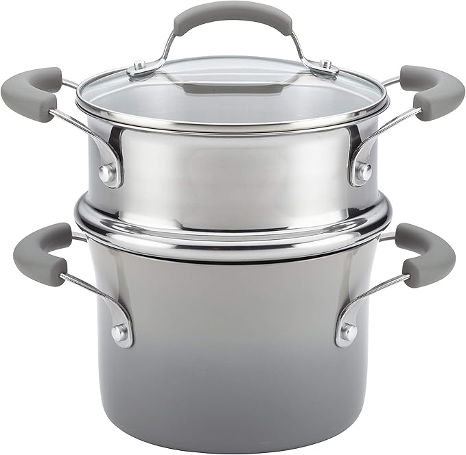 Rachael Ray Brights Sauce Pot/Saucepot with Steamer Insert, 3 Quart, Two-Tone Sea Salt Gray