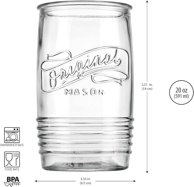 Glaver's Glass Tumbler Drinking Glasses Set of 4 – Genuine Artisan-Made Vintage Italian Original Mason – Elegant 20 Oz Clear Tumbler Glassware Set for Refreshing Drinks, Beverages, Iced Tea.