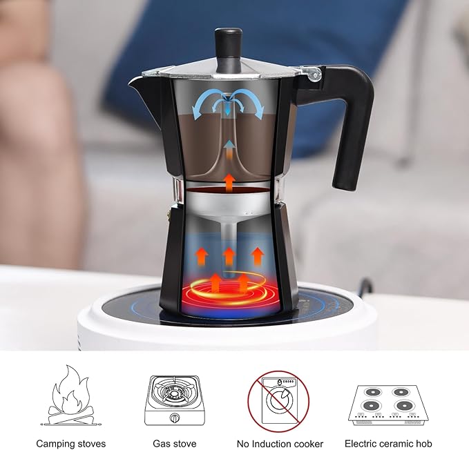 Sivaphe Aluminum Moka Pot 3 Espresso Cups, Percolator Espresso and Coffee Maker, Portable Stovetop Italian and Cuban Café Brewer for Home and Camping Black