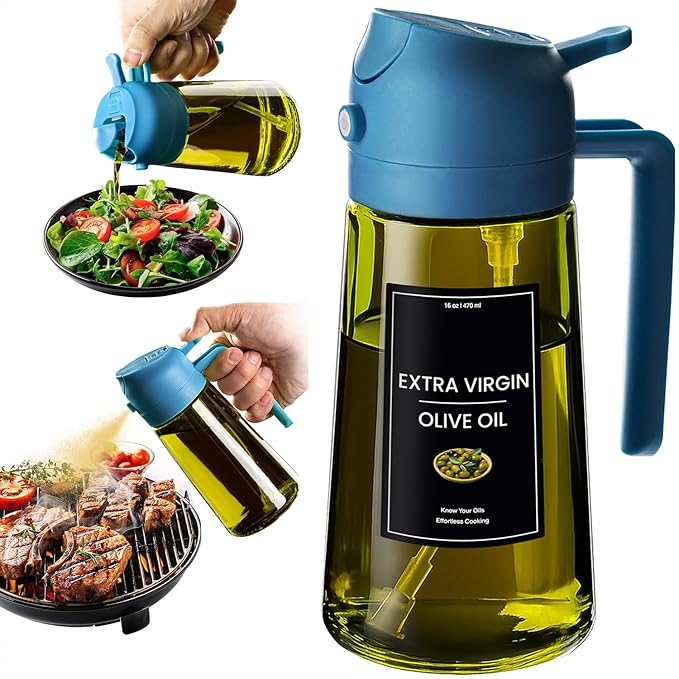 CXINYI - 16oz/470ml Olive Oil Dispenser for Kitchen with Stickers - 2 in 1 Olive Oil Sprayer for Cooking, Air Fryer, and Salad, Blue (Light-Proof Kitchen Gadget)