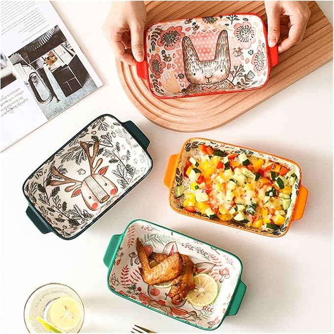 Ceramic Baking Pan, Forest Animals Pattern Tableware With Handle Salad Bowl Au Gratin Dish(Rabbit B rectangular)