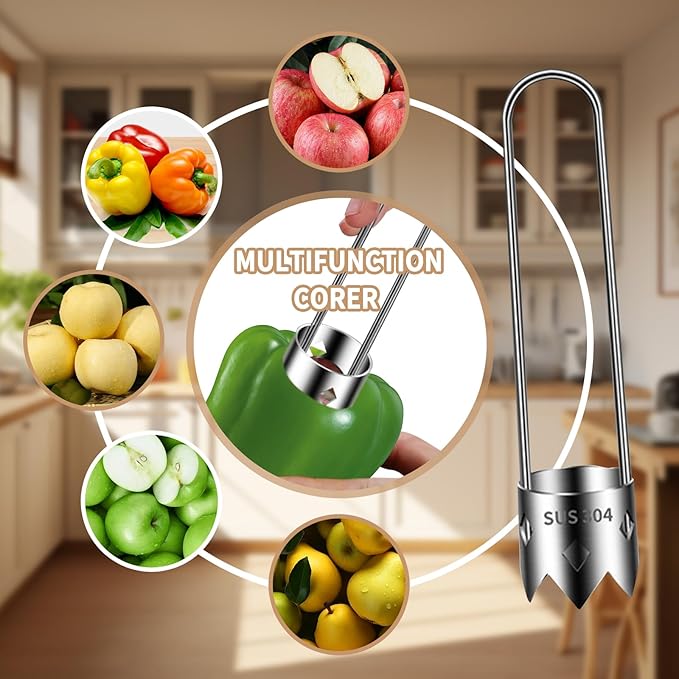 Pepper Corer, Stainless Steel Apple Core Remover Tool, Pepper Seed Core Remover, Multifunctional Apple Corer Tool for Vegetable Fruit Practical Kitchen Gadget (2 Pcs)
