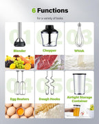 6-in-1 Immersion Blender, 1000W Hand Blender with 20 Speeds, Scratch-Resistant Stick Mixer with Whisk, Chopper, Beaker, Egg Beaters & Dough Hooks – Heavy Duty Hand Mixer, Black