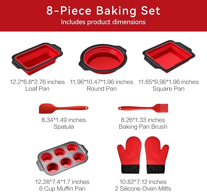 8 Piece Red Silicone Bakeware Sets, Nonstick Baking Pans, Silicone Baking Sheet Set with Press to Release Design, Oven Mitts, Spatula & Brush Flexible, Stackable, BPA Free, Dishwasher & Oven Safe
