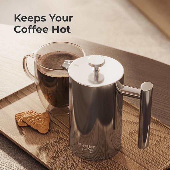 MuellerLiving French Press Coffee Maker 20oz, Stainless Steel French Press Coffee, 4 Filter Heat Resistant Double Insulated, Rust-Free, Food Grade, Dishwasher Safe Coffee Pot