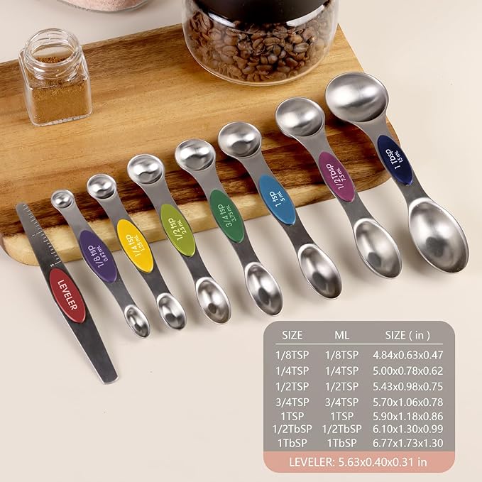 ChefAide Pack of 8 Stainless Steel Magnetic Measuring Spoons Set, Dual Sided, Stackable, Adjustable Teaspoon and Tablespoon Measure Spoon with Leveler, Kitchen Gadgets