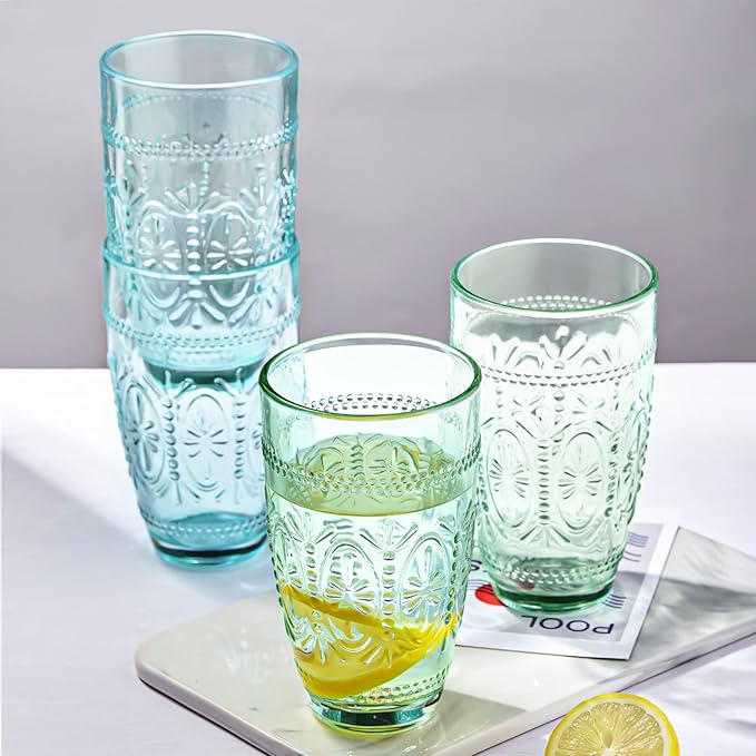 CREATIVELAND Colored Vintage Drinking Glasses Set of 4, 15.5 oz Romantic Embossed Water Glasses, Colored Tumblers Tempered Glass for Juice, Beverages, Beer, Cocktail (Green)