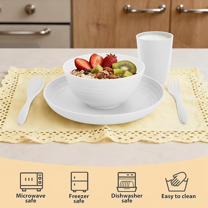 Wheat Straw Dinnerware Sets Service for 4, Unbreakable Kids Plates and Bowls Set 20 PCS, Microwave & Dishwasher Safe Dishes Set for Dinner, Kitchen, Camping, PV, Dorm - White