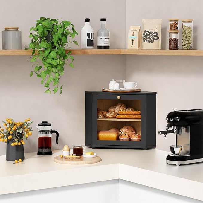 Goozii Corner Bread Box for Kitchen Countertop, Black Bread Storage Container for Homemade Bread, Two Layer Breadbox under Cabinet Mount, Large Bread Holder for Kitchen Counter, Pantry Shelf
