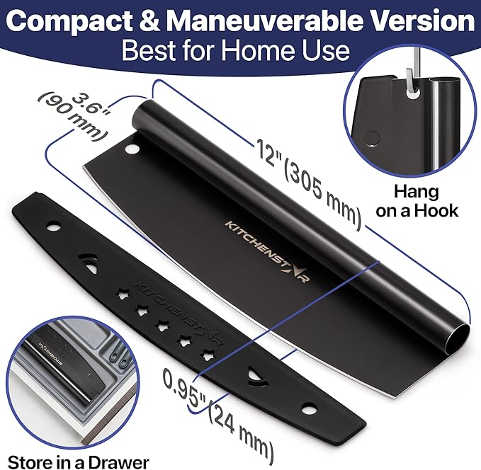 KitchenStar 12-Inch Pizza Cutter Rocker Blade - Sharp Stainless Steel Slicer Knife, Protective Cover, Black, Small - Professional Pizza Oven Accessories