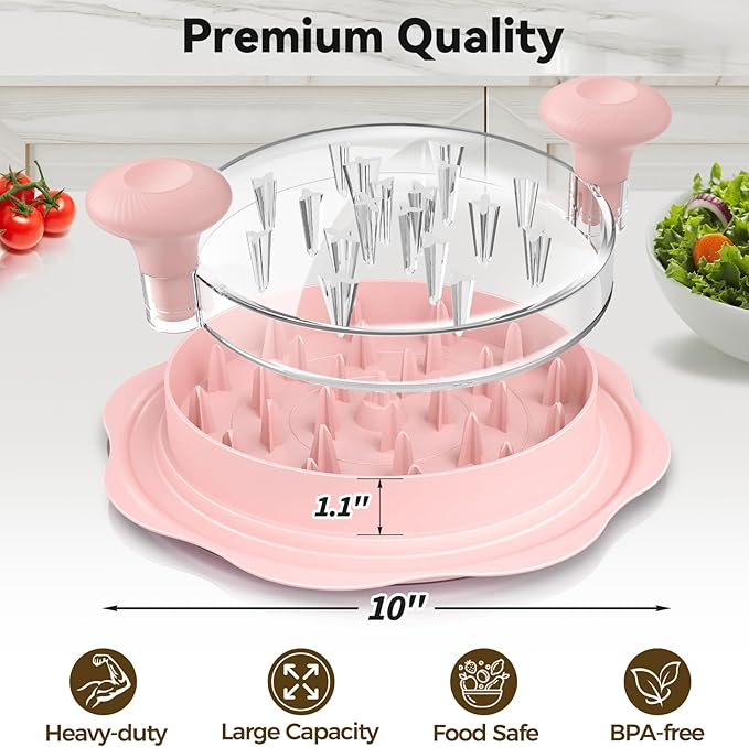 Ukeetap 10" Pro Chicken Shredder Tool Twist Large for Kitchen, BPA-Free Food-Safe Meat Grinder, Visible Chicken Breast Meat Shredder with Strong Anti-Slip Bottom & Ergonomic Handle, Pink