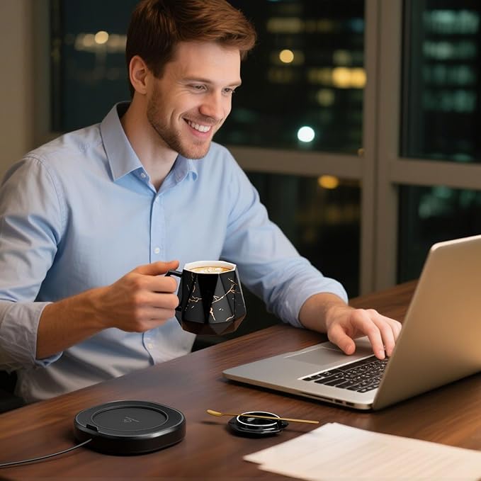 Coffee Mug Warmer & Unique Marbling Mug Set, Smart Heated Electric Cup Warmer for Desk Office, 4 Temperature Control Coffee Tea Beverage Warmer, 8 Hours Auto Shut Off, Christmas Birthday Gifts for Man