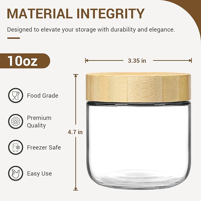 NETANY 4-pack 10oz Glass jars with Airtight Lids, Overnight Oats Containers with Bamboo Lids, Wide mouth Mason Salad jars, Glass Food Storage Containers for Snacks Yogurt Spice Sugar