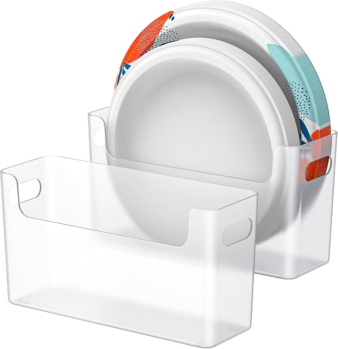 2Pcs Paper Plate Dispenser for 6-9.5 Inch Disposable Plates, Space-Saving Plastic, Foam and Paper Plate Storage Organizer for Cabinet, Countertop, RV or Outdoor (Transparent)